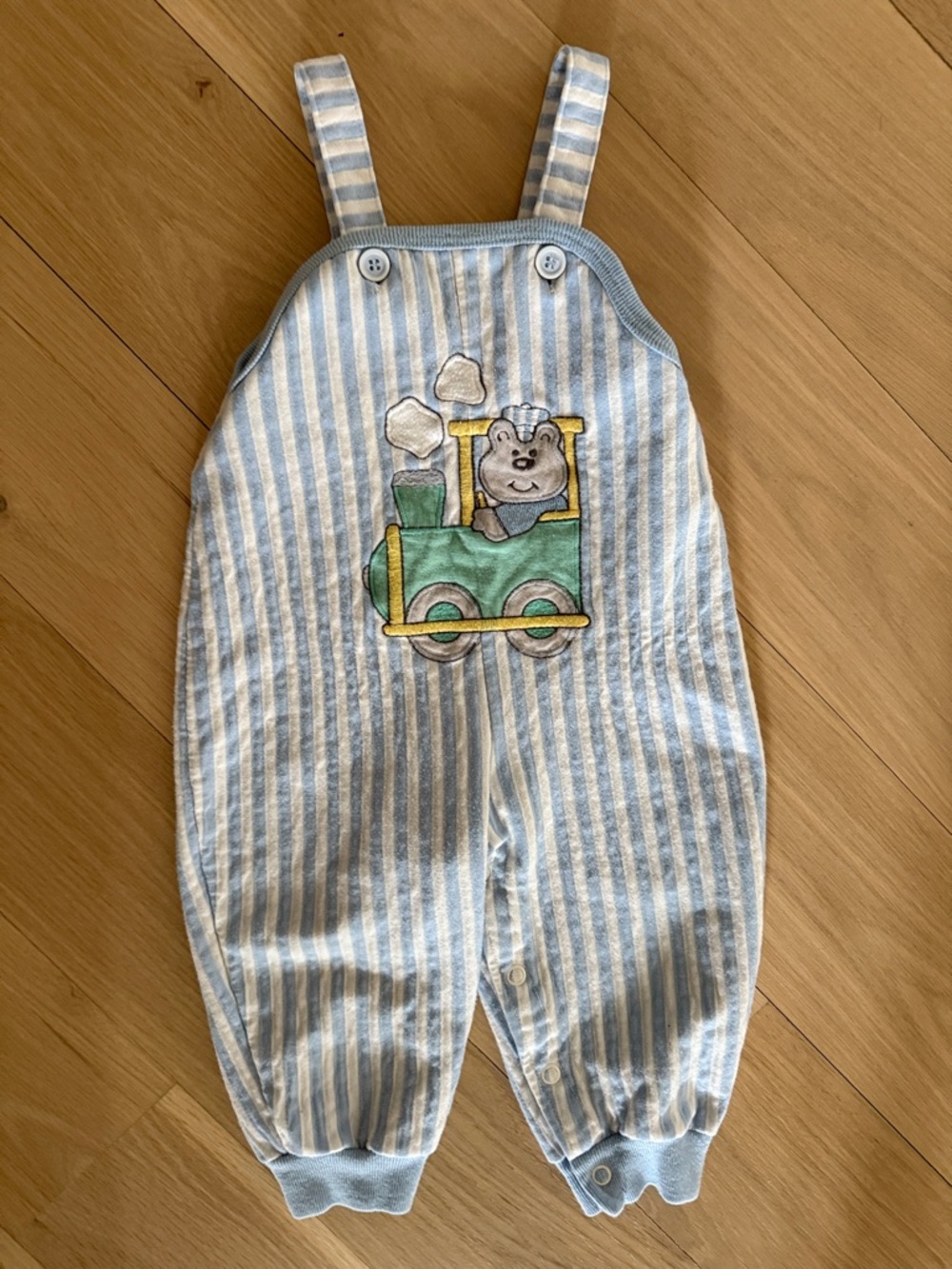 Blue Striped Baby Overalls with Train Applique